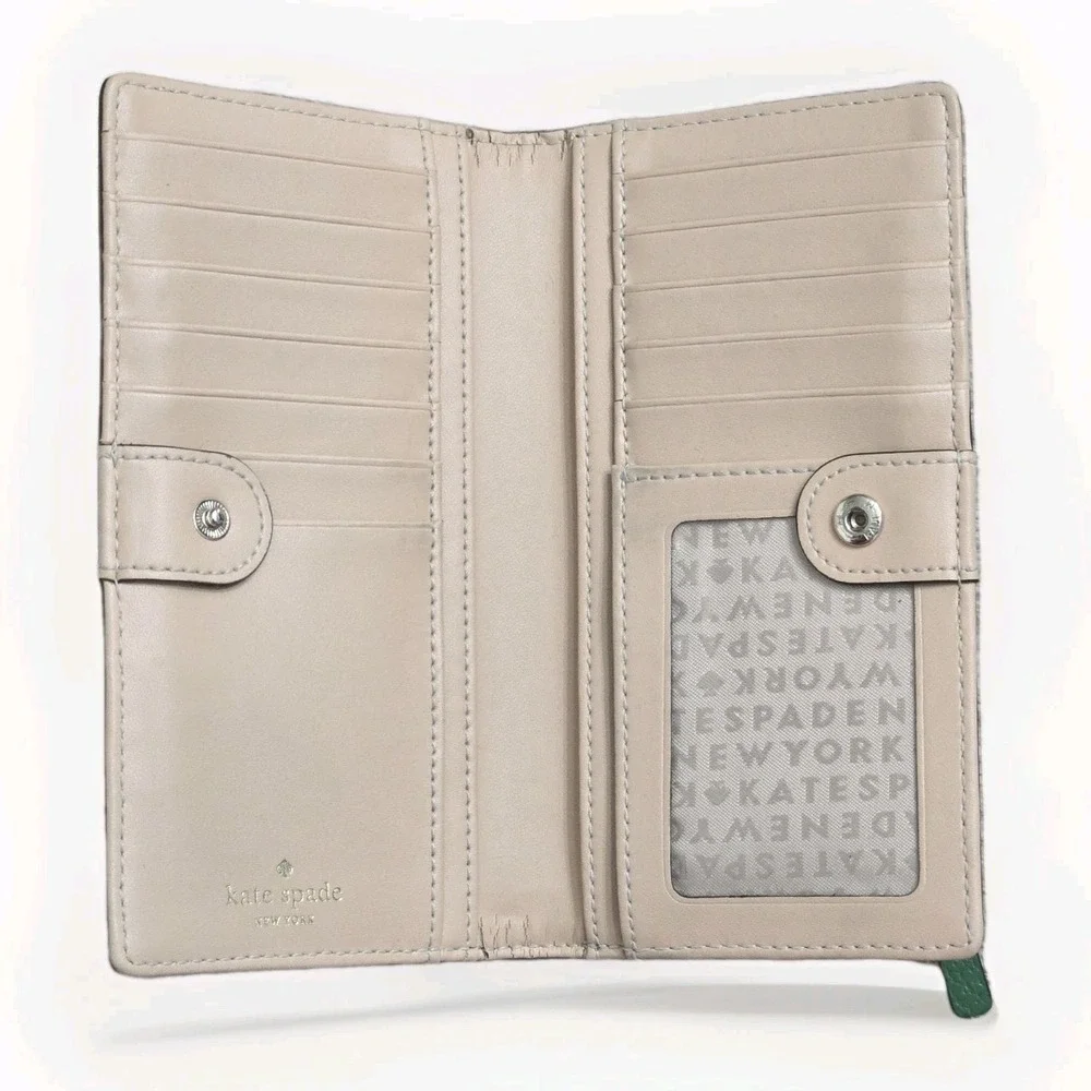 Kate Spade New York Darcy Slim Bifold Wallet Designer Green Leather Snap Zipper